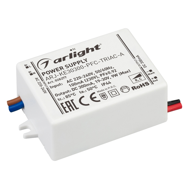 Блок питания, диммируемый источник тока TRIAC ARJ-KE30300-PFC-TRIAC-A 9W 300mA Arlight IP44 арт.028277