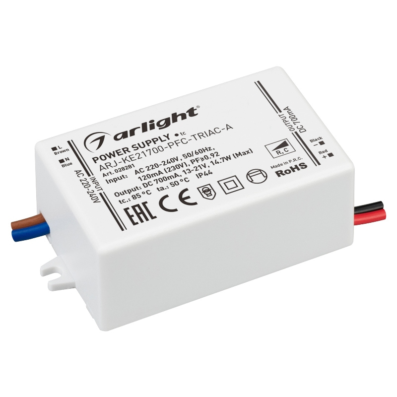 Блок питания диммируемый ARJ-KE21700-PFC-TRIAC-A 15W 700mA Arlight IP44 Пластик 028281